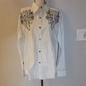 PAVI Men's White Shirt with Black Print/Embroidery/Studs Size Large NWT Western
